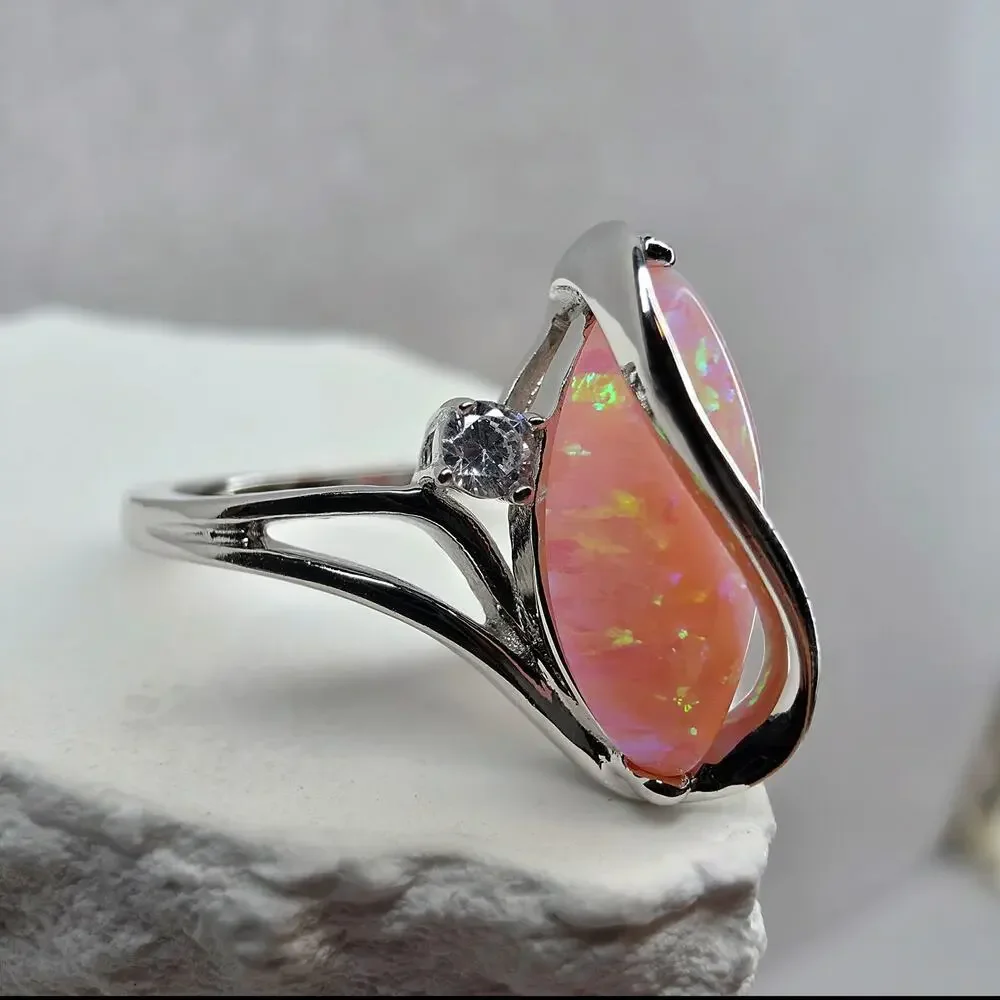 Size 9 Marquise Pink Fire Opal Ribbon Bypass Ring in Solid 925 Sterling Silver